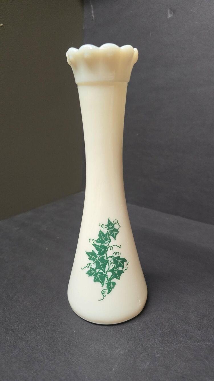 Vintage Milk Glass Bud Vase White Green Ivy Pattern Scalloped Rim Floral Decor